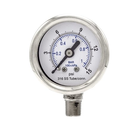 Pro 1 1/2 in  Dial, 0/15 PSI & Bar, 1/8 in  NPT, Lower Mount Dry/Fillable Pressure Gauge PRO-301D-158B-01